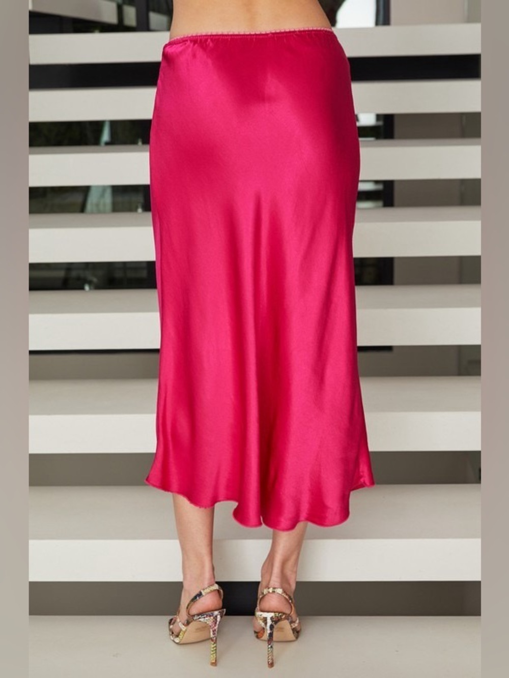 (9298/235110-FUCH) SOLID ELASTIC LACE TRIM WAIST SILKY VISCOSE MAXI SKIRT - Picture 3 of 4